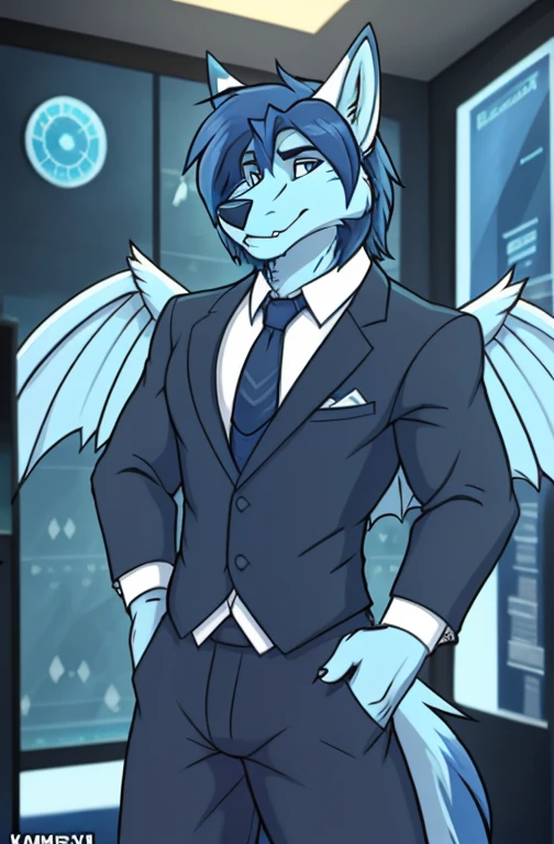 , (((ace, kamex, with wings and dark blue hair with blue eyes and light blue fur wearing a black tie and formal outfit inside the weather station room broadcasting today's weather like a meteorologist with the screen in the background and cameras ))) , big chest wearing clothing , day, , sensual, detailed, uploaded to e621, beautiful and detailed portrait of an anthropomorphic , (((male))) uploaded to e621, zaush, foxovh, movie lighting, thicc, alone, movie cover, 