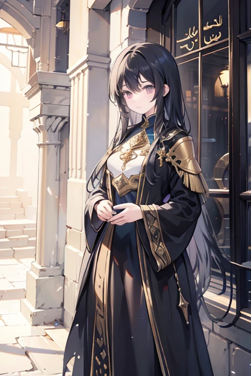Human fantasy thief, medieval fantasy setting, human, 25 years old, long black hair, Arab features. fantasy arabic clothes inside a dungeon