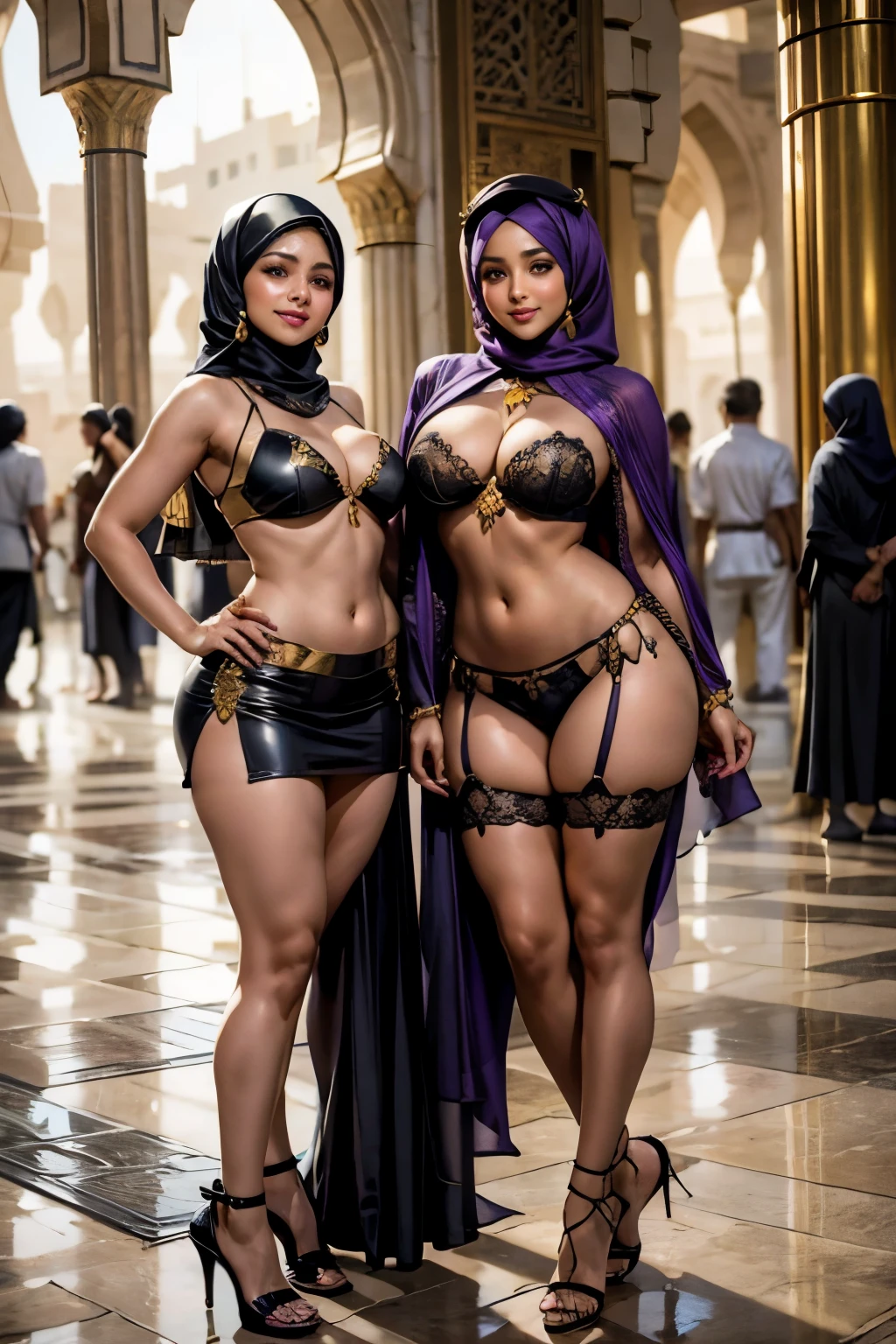 A busty hijabi girls, Arabic ethnicity, brown skin, wearing a purple and yellow bra, black mini skirt, stocking, black high heels, silk headscarf, natural breasts, nice rounded ass, sexy, thick hips, beautiful feet, smiling at the viewer, posing, standing inside an Islamic mosque, Mecca, Saudi Arabia.