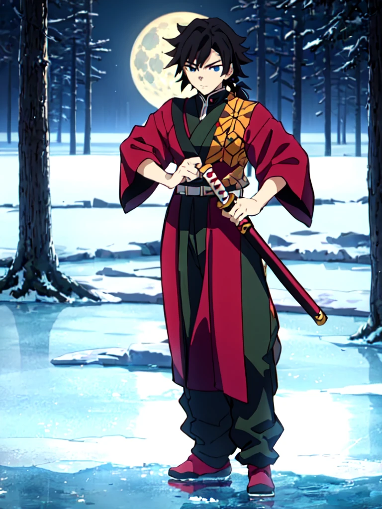 tomioka giyuu, katana stance, in midle of a frozen lake, detailed face, serious, air flow, scenery, forest in far distance, full body, full moon,empty eyes, detailed face, male focus, absolutely calm, scenery