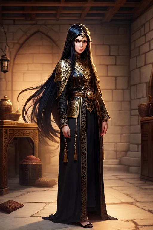 Human fantasy thief, medieval fantasy setting, human, 25 years old, long black hair, Arab features. fantasy arabic clothes inside a dungeon