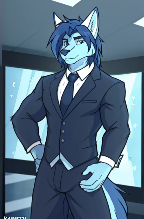 , (((ace, kamex,  and dark blue hair with blue eyes and light blue fur wearing a black tie and formal outfit inside the weather station room broadcasting today's weather like a meteorologist with the screen in the background and cameras ))) , big chest wearing clothing , day, , sensual, detailed, uploaded to e621, beautiful and detailed portrait of an anthropomorphic , (((male))) uploaded to e621, zaush, foxovh, movie lighting, thicc, alone, movie cover, 