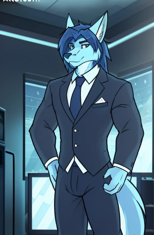 , (((ace, kamex,  and dark blue hair with blue eyes and light blue fur wearing a black tie and formal outfit inside the weather station room broadcasting today's weather like a meteorologist with the screen in the background and cameras ))) , big chest wearing clothing , day, , sensual, detailed, uploaded to e621, beautiful and detailed portrait of an anthropomorphic , (((male))) uploaded to e621, zaush, foxovh, movie lighting, thicc, alone, movie cover, 