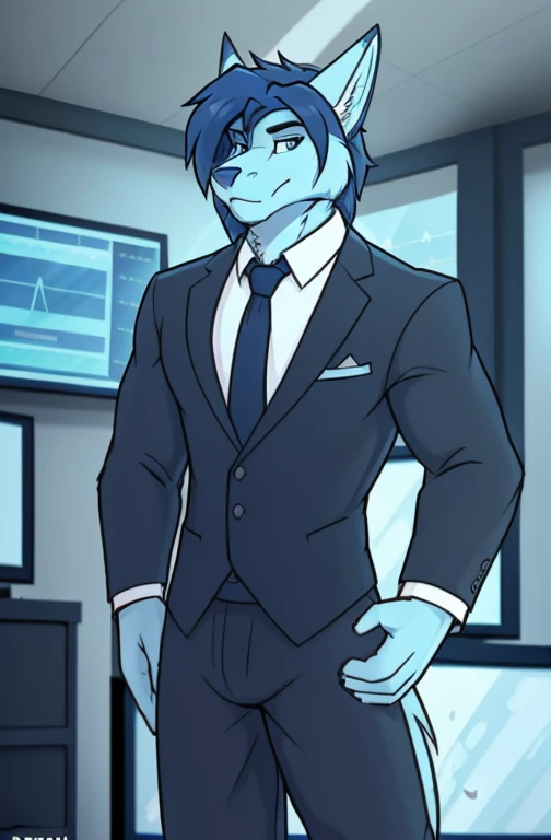 , (((ace, kamex,  and dark blue hair with blue eyes and light blue fur wearing a black tie and formal outfit inside the weather station room broadcasting today's weather like a meteorologist with the screen in the background and cameras ))) , big chest wearing clothing , day, , sensual, detailed, uploaded to e621, beautiful and detailed portrait of an anthropomorphic , (((male))) uploaded to e621, zaush, foxovh, movie lighting, thicc, alone, movie cover, 