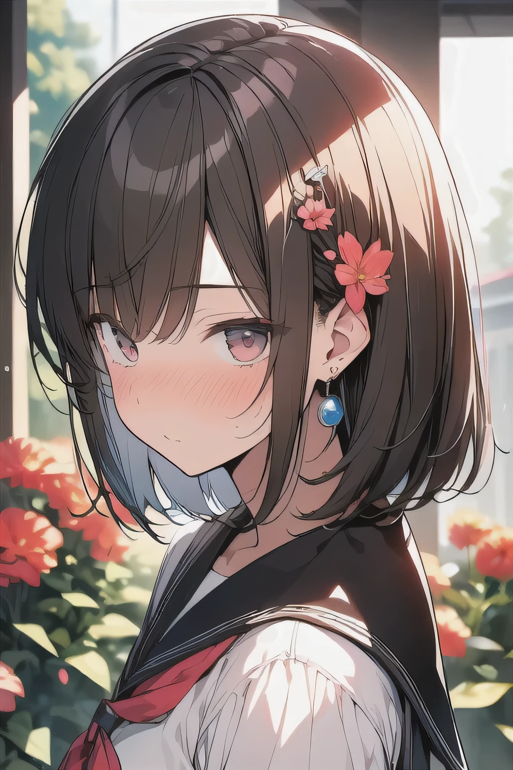 (best quality), (Super detailed), (Best Illustration), (masterpiece), insane detail, score_9, score_8_up, score_7_up, 4k, (woman), portrait, solo, (serafuku), (large breasts:1.2), {brown hair, (sideburns), (bob cut:1.3), curly hair, hairs between eyes, colored inner hair}, (incoming kiss:1.2), nose blush, earring, wind, flower garden