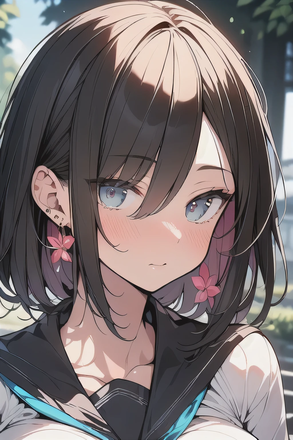 (best quality), (Super detailed), (Best Illustration), (masterpiece), insane detail, score_9, score_8_up, score_7_up, 4k, (woman), portrait, solo, (serafuku), (large breasts:1.2), {brown hair, (sideburns), (bob cut:1.3), curly hair, hairs between eyes, colored inner hair}, (incoming kiss:1.2), nose blush, earring, wind, flower garden