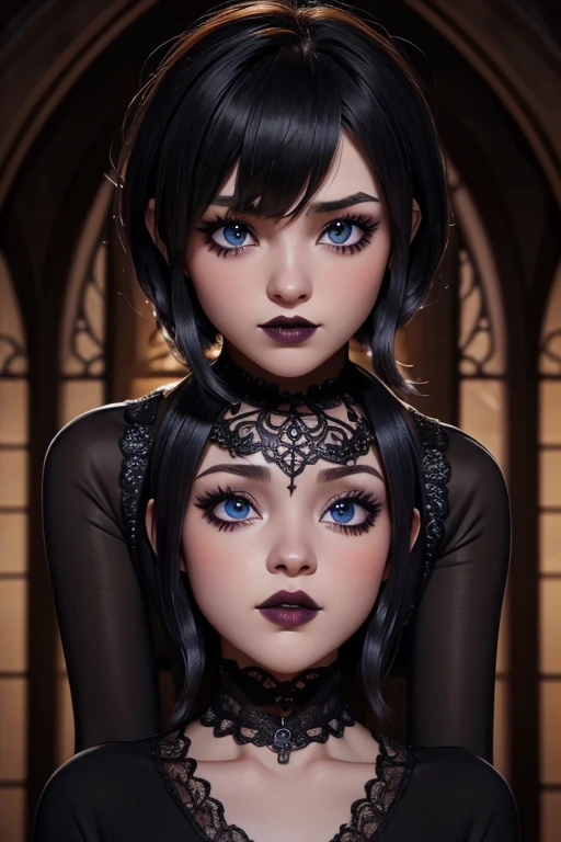 Defined face blue eyes gothic makeup eyeliner and eye shadows, cabello negro corto con flequillo estilo bob labios rojos voluminosos, primer plano en HD, Intricate medieval architectural details and fantastic landscapes in 12k high resolution