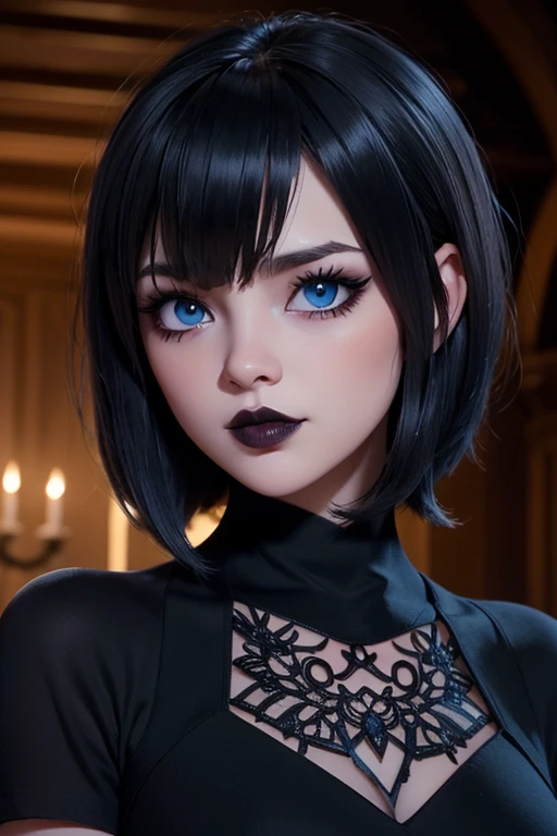 Defined face blue eyes gothic makeup eyeliner and eye shadows, cabello negro corto con flequillo estilo bob labios rojos voluminosos, primer plano en HD,  Intricate medieval architectural details and fantastic landscapes in 12k high resolution 