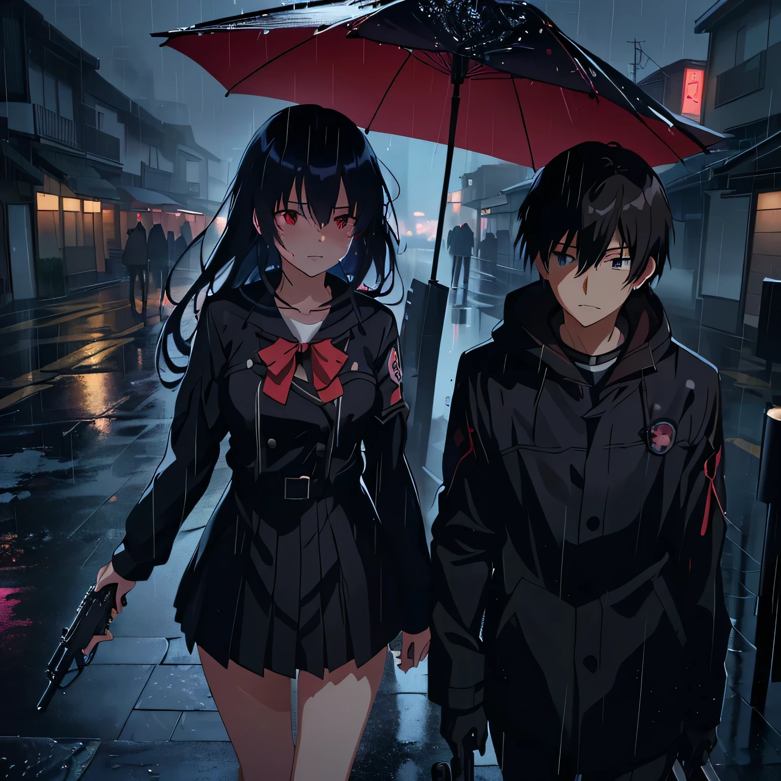 anime, a couple of people standing in the rain with a gun, yandere, noir animation, anime keyframe, guweiz and makoto shinkai, yandere. tall, artwork in the style of guweiz, raining, like tears in rain time to die, gapmoe yandere, 4 k manga wallpaper, by Shingei