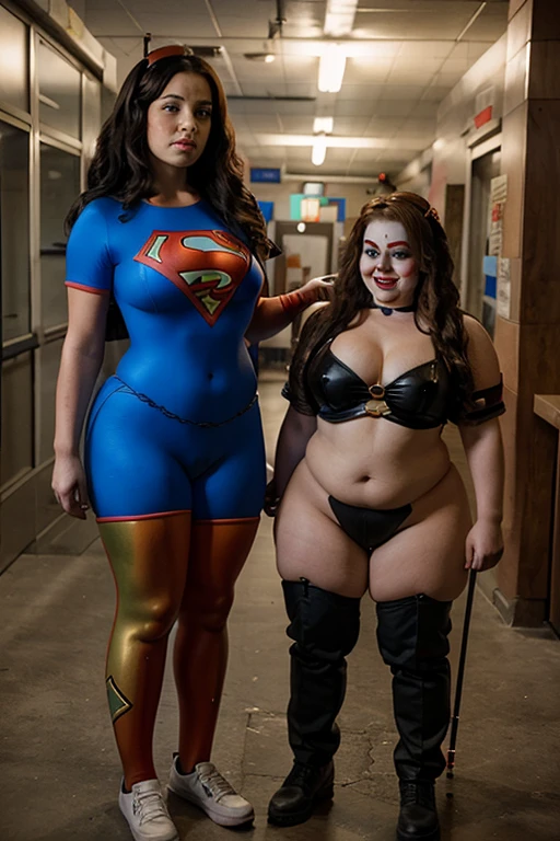 Defeated bbw superheroine, surrounded by little goblins, pefect body,