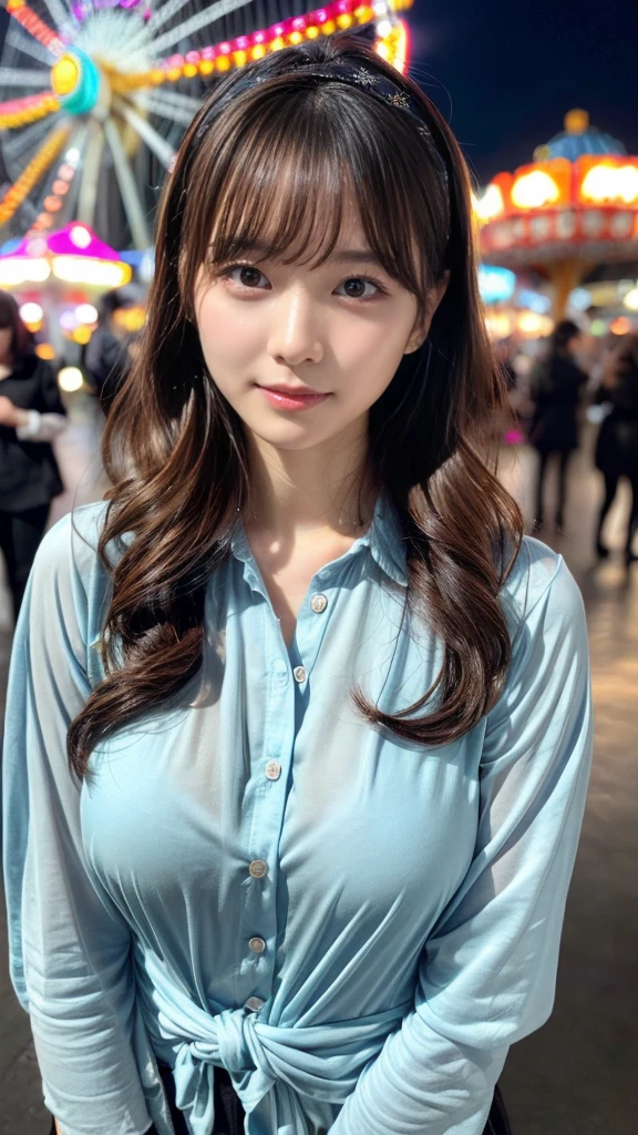 Female((35year old)), hair((wavy, long, black)), eyes((small eyes, black eyes)), clothes((shirts, blue, light blue pattern)), accessorieickey mouse hairband)), medium breast, korean make-up look, amusement park, crying a little、cold gaze, fountain, ferris wheel,