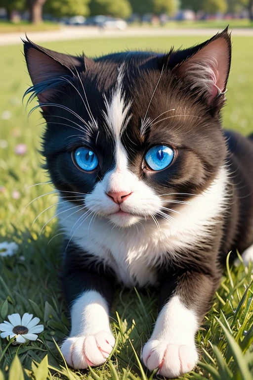 Cute, small, black and white cat with blue eyes laying in the grass at the park.