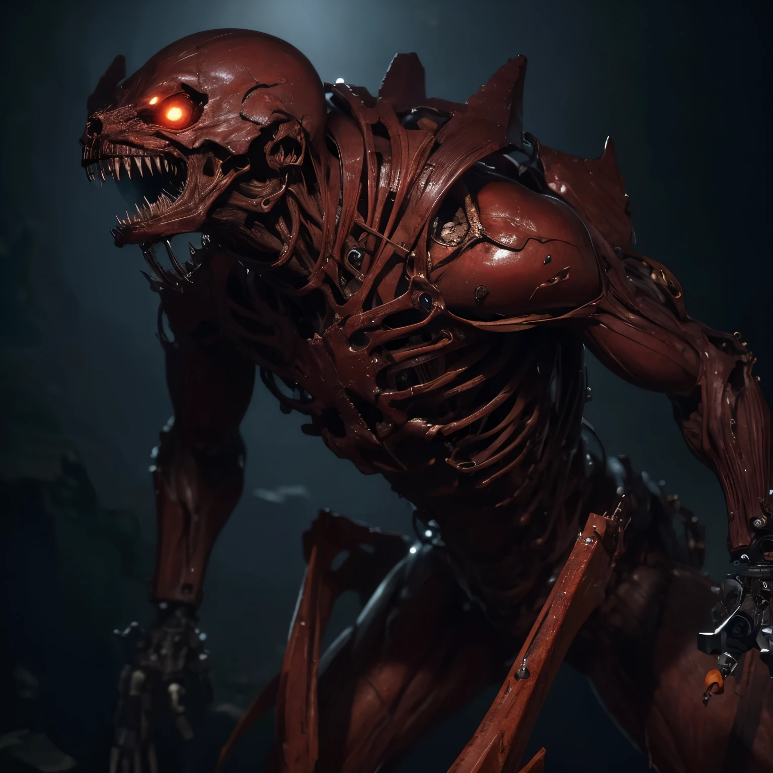 be threatening, Skinless humanoid with mechanical parts on its body, olhando para o espectador com um sorriso distorcido em estilo terror, visto da cinta para cima, Foto realista, 8k, 4k, extreme resolution, ultra high resolution, dynamic lighting