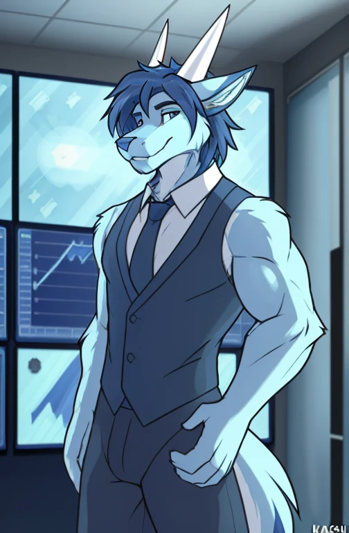 , (((ace, kamex,white horns on top of his head and dark blue hair with blue eyes and light blue fur wearing a black tie and formal outfit inside the weather station room broadcasting today's weather like a meteorologist with the screen in the background and cameras ))) , big chest wearing clothing , day, , sensual, detailed, uploaded to e621, beautiful and detailed portrait of an anthropomorphic , (((male))) uploaded to e621, zaush, foxovh, movie lighting, thicc, alone, movie cover, 