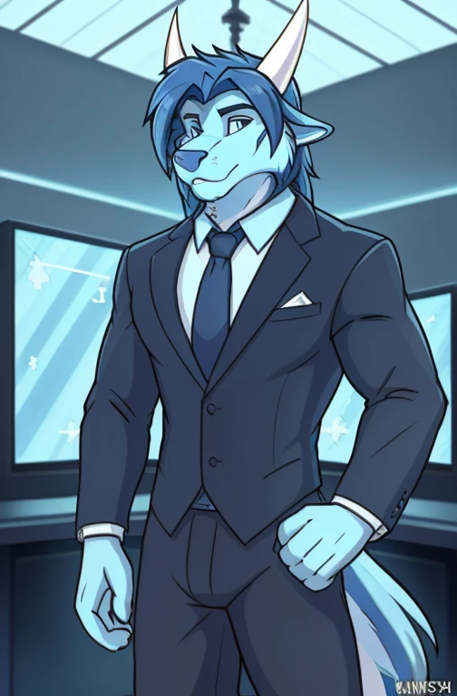 , (((ace, kamex,white horns on top of his head and dark blue hair with blue eyes and light blue fur wearing a black tie and formal outfit inside the weather station room broadcasting today's weather like a meteorologist with the screen in the background and cameras ))) , big chest wearing clothing , day, , sensual, detailed, uploaded to e621, beautiful and detailed portrait of an anthropomorphic , (((male))) uploaded to e621, zaush, foxovh, movie lighting, thicc, alone, movie cover, 