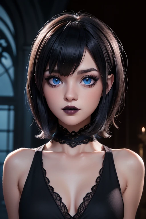 Defined face blue eyes gothic makeup eyeliner and eye shadows, cabello negro corto con flequillo estilo bob labios rojos voluminosos, primer plano en HD, Intricate medieval architectural details and fantastic landscapes in 12k high resolution, nudes