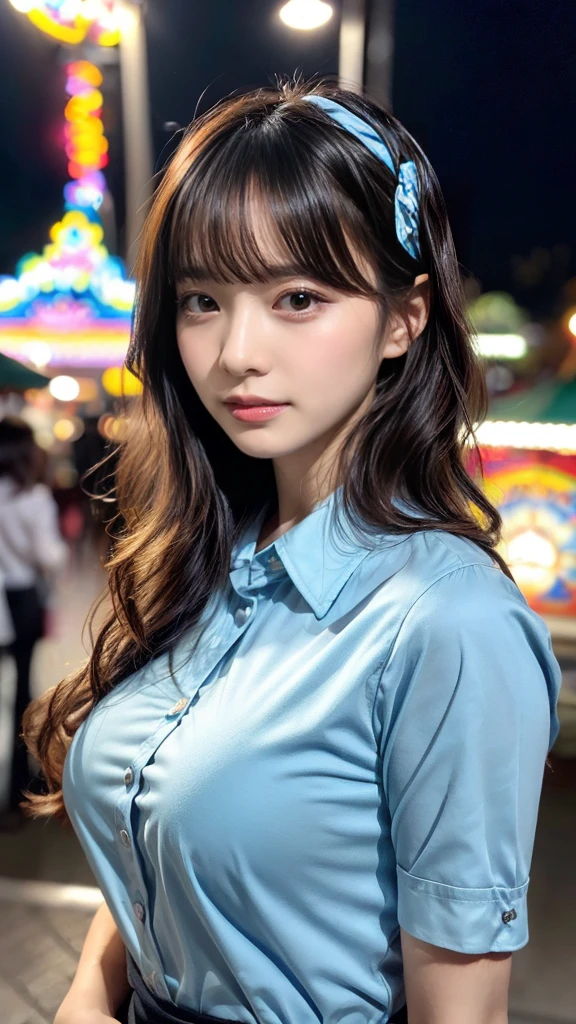 Female((35year old)), hair((wavy, long, black)), eyes((small eyes, black eyes)), clothes((shirts, blue, light blue pattern)), accessorieickey mouse hairband)), medium breast, korean make-up look, amusement park, crying a little、cold gaze, fountain, ferris wheel,