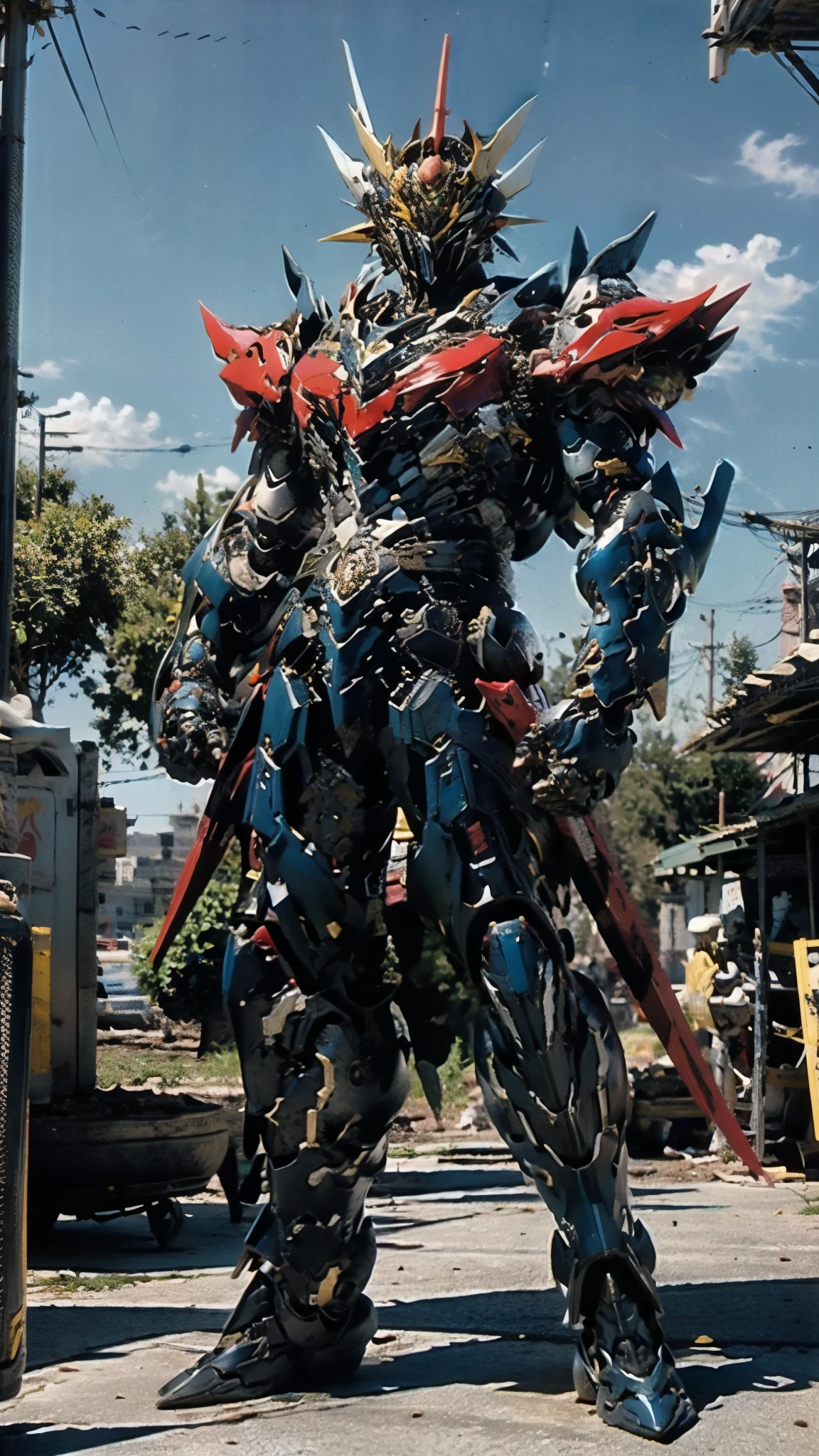 A man wearing a full-face helmet, a fantasy-style biotech armored combat suit, green eyes, (a composite layered chest armor), fully enclosed shoulder guards, matching arm and leg guards, the belt is adorned with Z mark, (the color scheme is primarily white with red and blue accents), the design balances heavy with agility, a high-tech bio-mecha armor, (Armor Concept Inspired by Mazinger Z, stand on the top of a skyscraper in a futuristic sci-fi city), this character embodies a finely crafted fantasy-surreal style armored hero in anime style, exquisite and mature manga art style, (battle damage, element, plasma, energy, the armor glows), ((male:1.5)), metallic, real texture material, dramatic, high definition, best quality, highres, ultra-detailed, ultra-fine painting, extremely delicate, professional, perfect body proportions, golden ratio, anatomically correct, symmetrical face, extremely detailed eyes and face, high quality eyes, creativity, RAW photo, UHD, 32k, Natural light, cinematic lighting, masterpiece-anatomy-perfect, masterpiece:1.5
