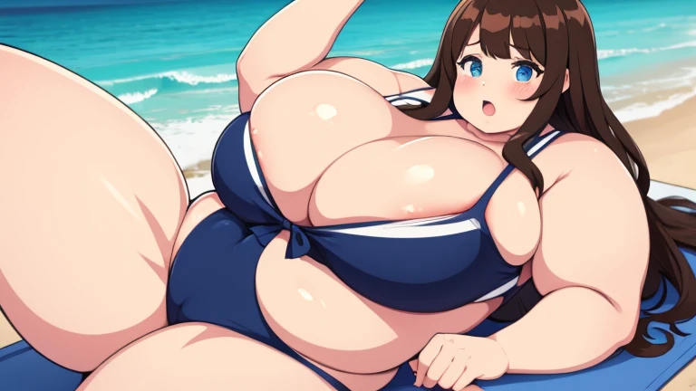 brownhaired, ssbbw, fat, chubby, 400kg, ultra heavy girl, too tight bikini, she eat fastfood, laying on the beach