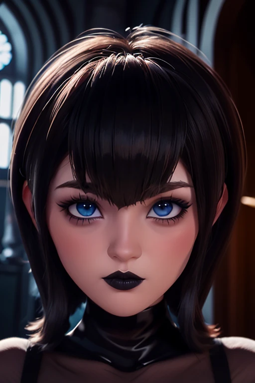 Defined face blue eyes gothic makeup eyeliner and eye shadows, cabello negro corto con flequillo estilo bob labios rojos voluminosos, primer plano en HD, Intricate medieval architectural details and fantastic landscapes in 12k high resolution, nudes