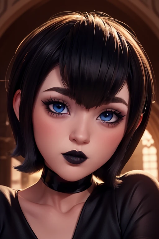 Defined face blue eyes gothic makeup eyeliner and eye shadows, cabello negro corto con flequillo estilo bob labios rojos voluminosos, primer plano en HD, Intricate medieval architectural details and fantastic landscapes in 12k high resolution, nudes