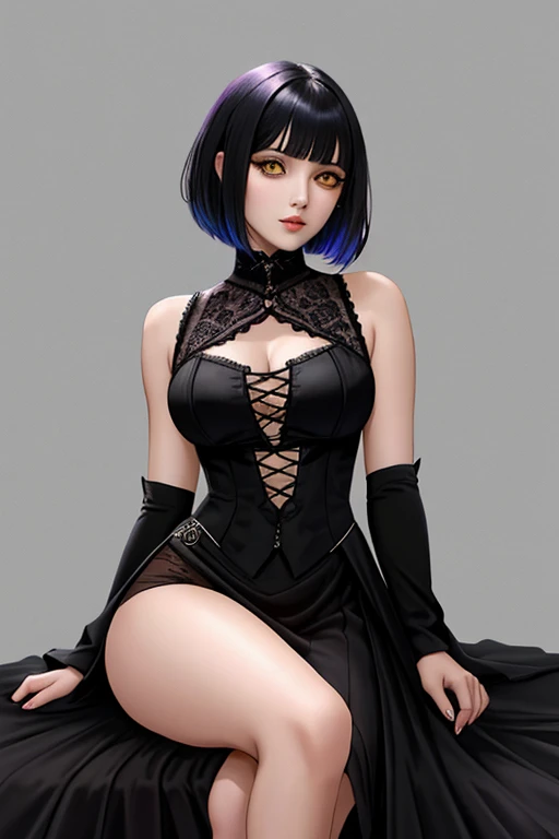 Detailed and colorful sketch, estilo contorno realista, desenho de corpo inteiro, Eliza de Tekken, iris of yellow eyes like a snake, short black gothic style hair with long bangs to the shoulders, bangs on the forehead and a short haircut at the back exposing the back of the neck, trancinha suave perto da orelha com uma pequena rosa preta enfeitando o cabelo, wearing elegant gothic dress