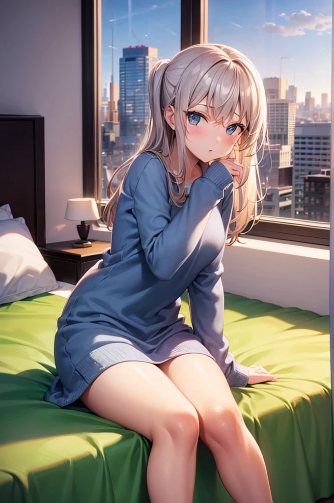 a hot 18 year old girl sitting in bed she is naked there an window behind the bed the view of the city