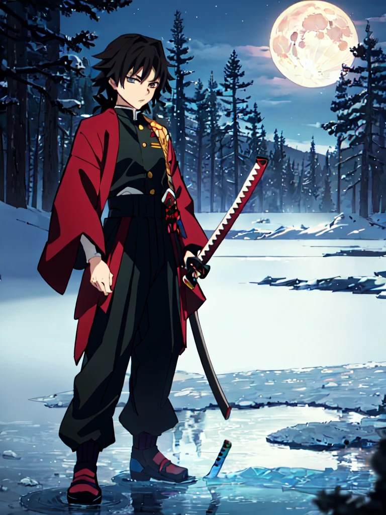 tomioka giyuu, katana stance, in midle of a frozen lake, detailed face, serious, air flow, scenery, forest in far distance, full body, full moon,empty eyes, detailed face, male focus, absolutely calm, scenery, legs apart