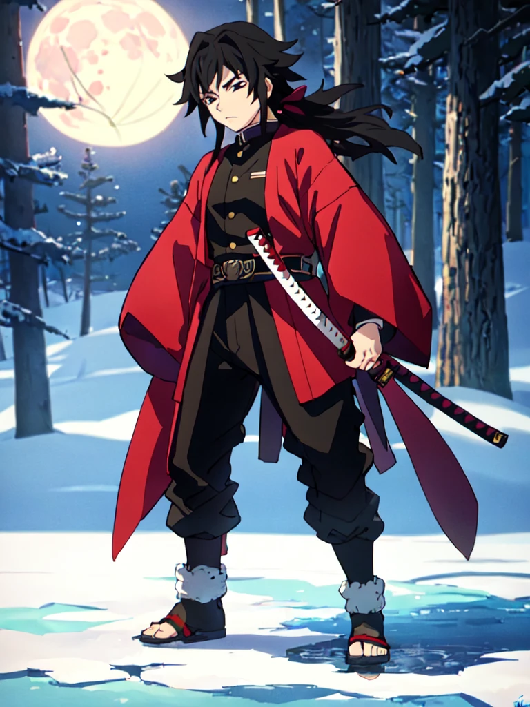 tomioka giyuu, katana stance, in midle of a frozen lake, detailed face, serious, air flow, scenery, forest in far distance, full body, full moon,empty eyes, detailed face, male focus, absolutely calm, scenery, legs apart