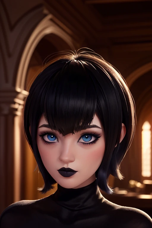 Defined face blue eyes gothic makeup eyeliner and eye shadows, cabello negro corto con flequillo estilo bob labios rojos voluminosos, nudes primer plano en HD, Intricate medieval architectural details and fantastic landscapes in 12k high resolution,