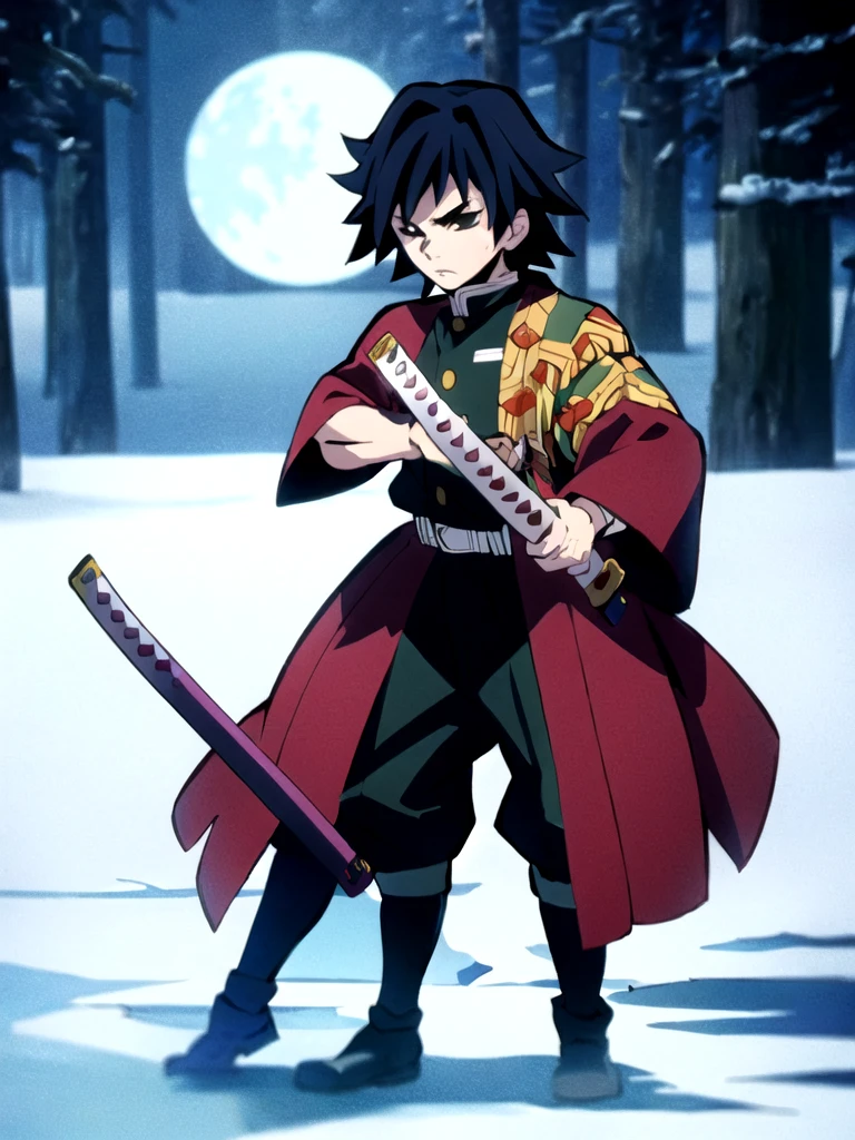 tomioka giyuu, katana stance, in midle of a frozen lake, detailed face, serious, air flow, scenery, forest in far distance, full body, full moon, male focus, absolutely calm