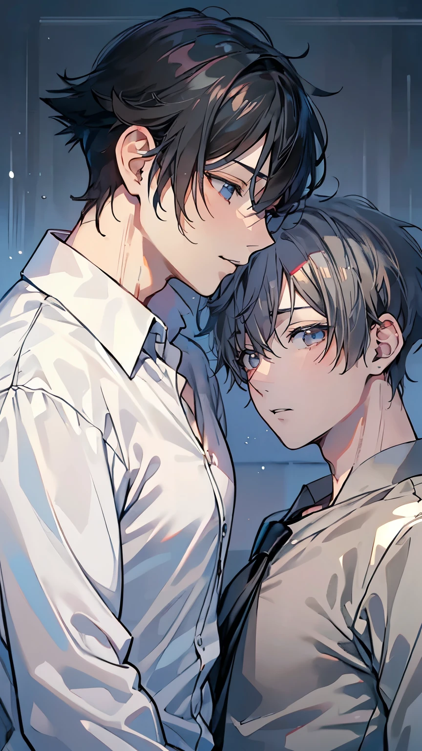 (Mastepiece), (Best Quality), Very detailed, ((Two men intimate:1.5)), Perfect Face, Beautiful Face, Very detailedな顔，(Black-haired man:1.3)，(Grey-haired man:1.3)、shirt
