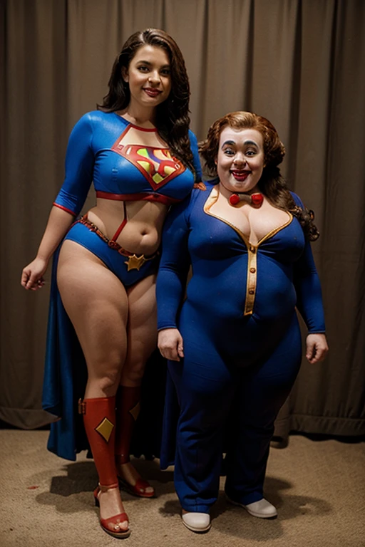 bbw superheroine is standing and paralyzed next to a dwarf clown, full bodies,