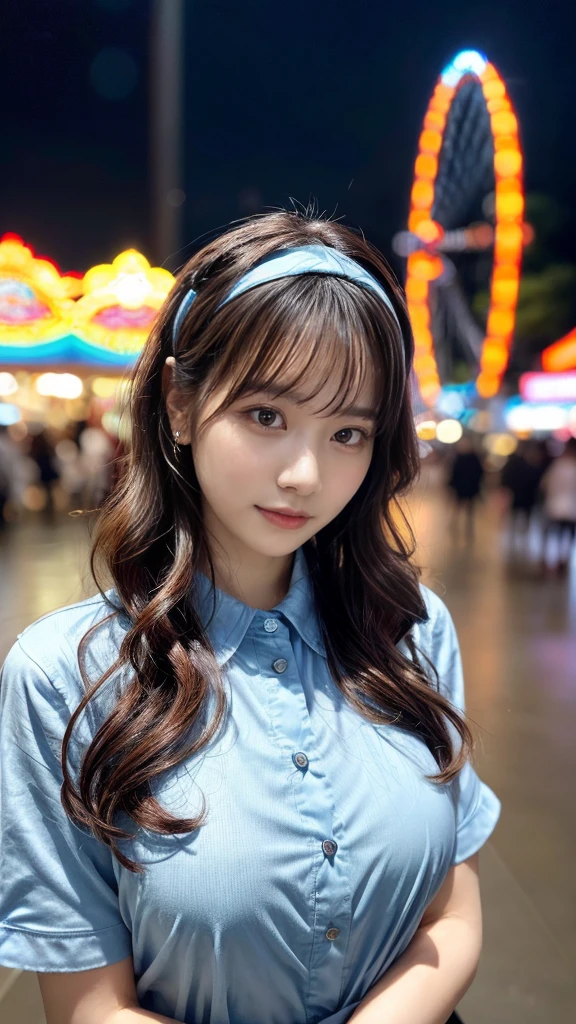Female((35year old)), hair((wavy, long, black)), eyes((small eyes, black eyes)), clothes((shirts, blue, light blue pattern)), accessorieickey mouse hairband)), medium breast, korean make-up look, amusement park, crying a little、cold gaze, fountain, ferris wheel,