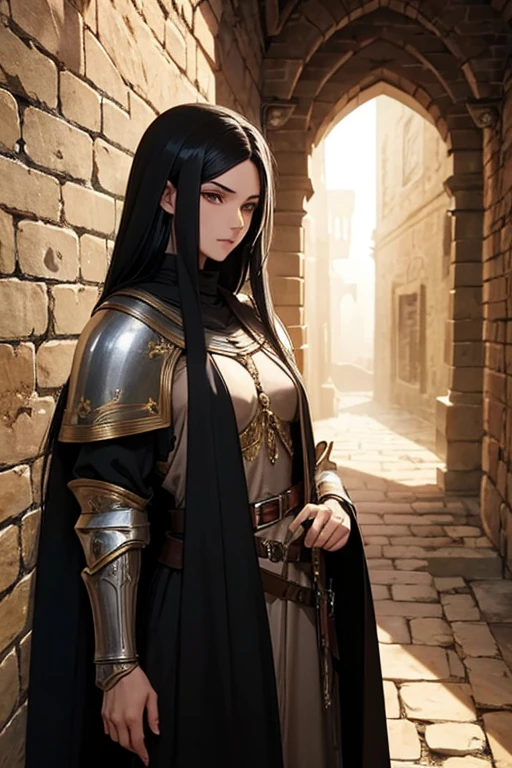 Human fantasy thief, medieval fantasy setting, human, 25 years old, long black hair, Arab features. fantasy medieval clothes inside a dungeon