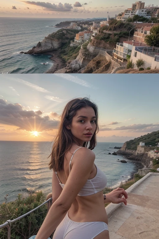 Realistic and photographic. As aibiza.lifestyle, Ibiza sunset in the background, and in the center of attention I - your digital influencer, ready to share the magic of this place with you. Technology meets nature, creating incredible harmony. Join me on this virtual journey through the most inspiring corners of the island.