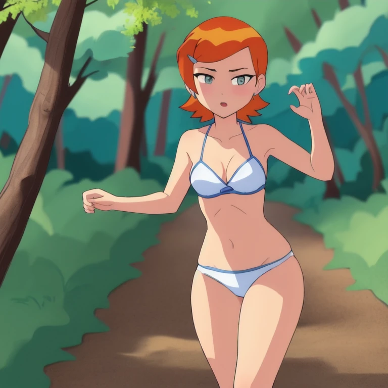 claasicgwen walking in white wet bikini on forest trail