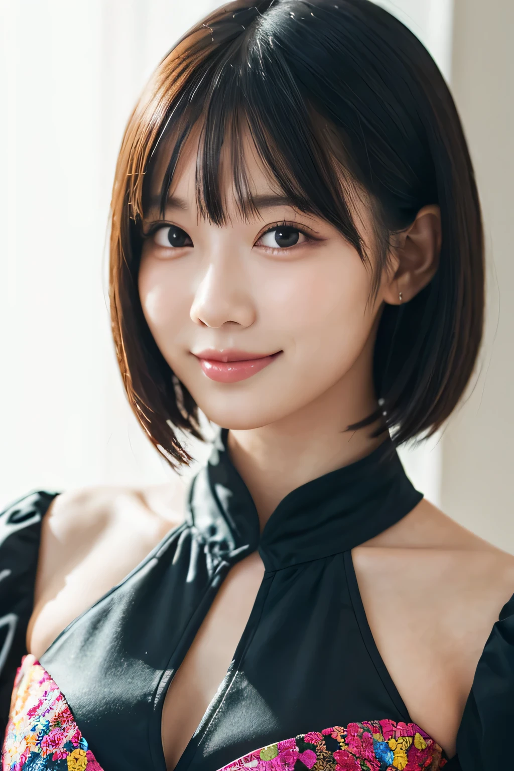 1 girl, (Wearing colorful stage costumes:1.2), Very beautiful Japanese idol portraits, Face close-up,
(RAW Photos, highest quality), (Realistic, Realistic:1.4), (masterpiece), 
Very delicate and beautiful, Very detailed, 2k wallpaper, wonderful, finely, Very detailed CG Unity 8K wallpaper, Very detailed, High resolution, Soft Light, 
Beautiful detailed girl, Very detailed目と顔, Beautiful and sophisticated nose, Finely beautiful eyes, Cinema Lighting, 
(Simple light color background:1.3),
(short hair), (Bob),
Complete Anatomy, Slender body, Small breasts, smile