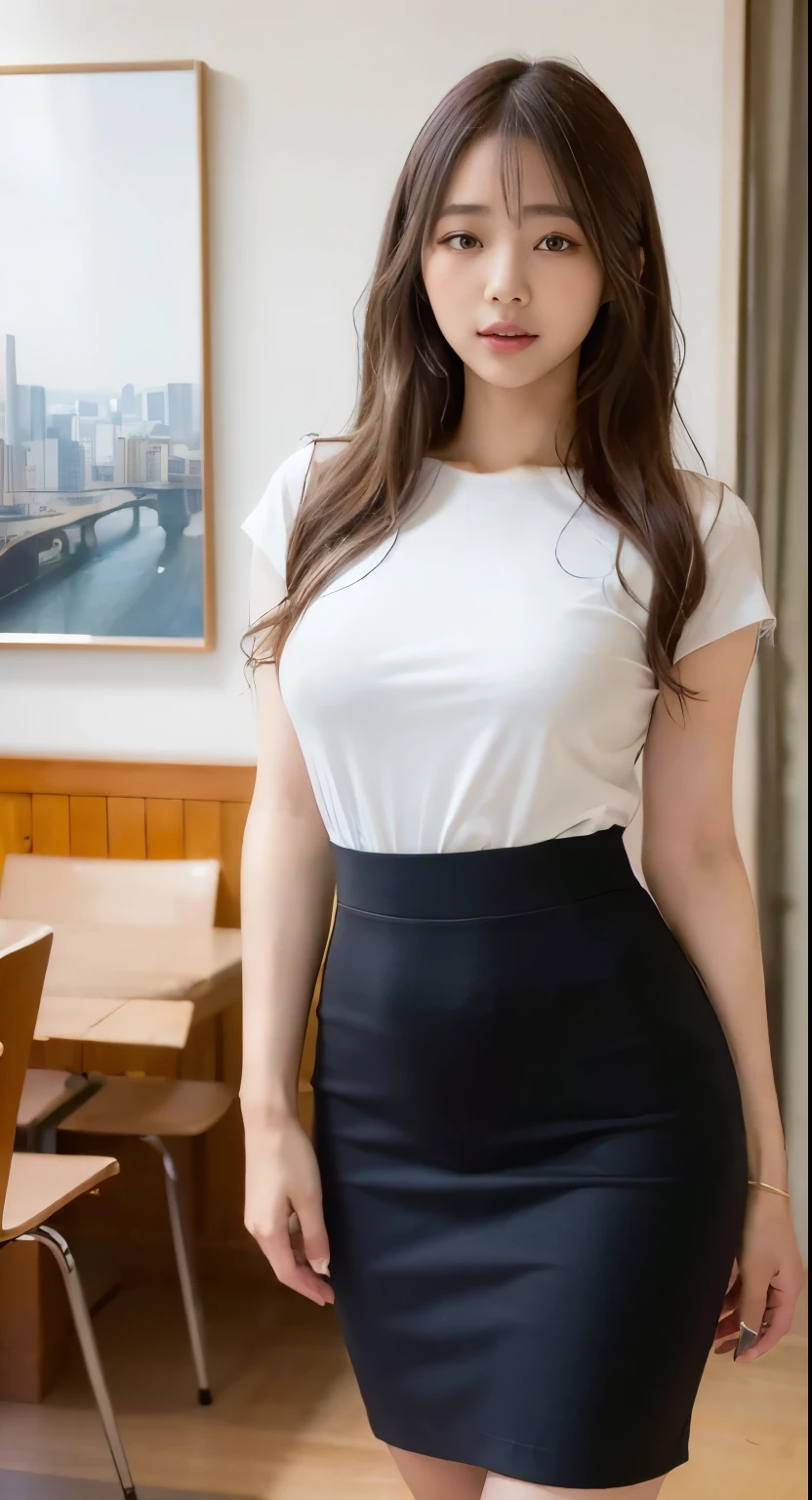 (Best Quality, Masterpiece, Photo realistic, Ultra Detailed, ultra high res, raw:1.3), big breasts, 1girl, pretty, tight knit, pencil skirt, smile, long hair, high heels, open cafe, bangs, high-waist,