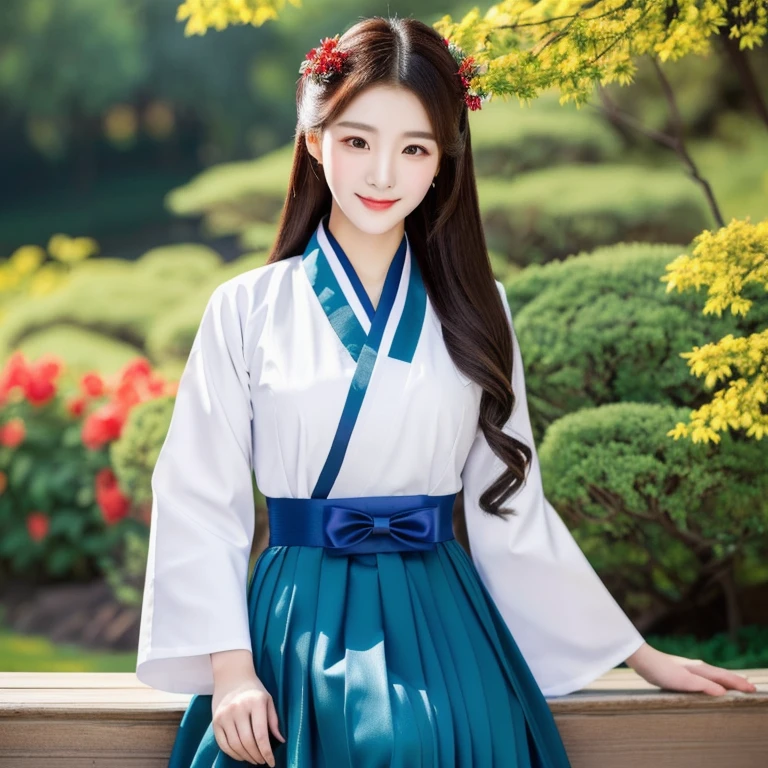 Close-up of a woman in a red, black, dark blue dress., standing in the garden, beautiful south korean woman, white Hanfu, Korean girl, korean woman, korean Hanbok, beautiful young korean woman, White shirt and green skirt, gorgeous young korean woman, Hanbok, Japanese clothes, Hanfu, Hanbok apron, นางแบบแฟชั่นkorean woman, traditional chinese clothing Taken with a high quality camera 45000000000 million pixels 16k,