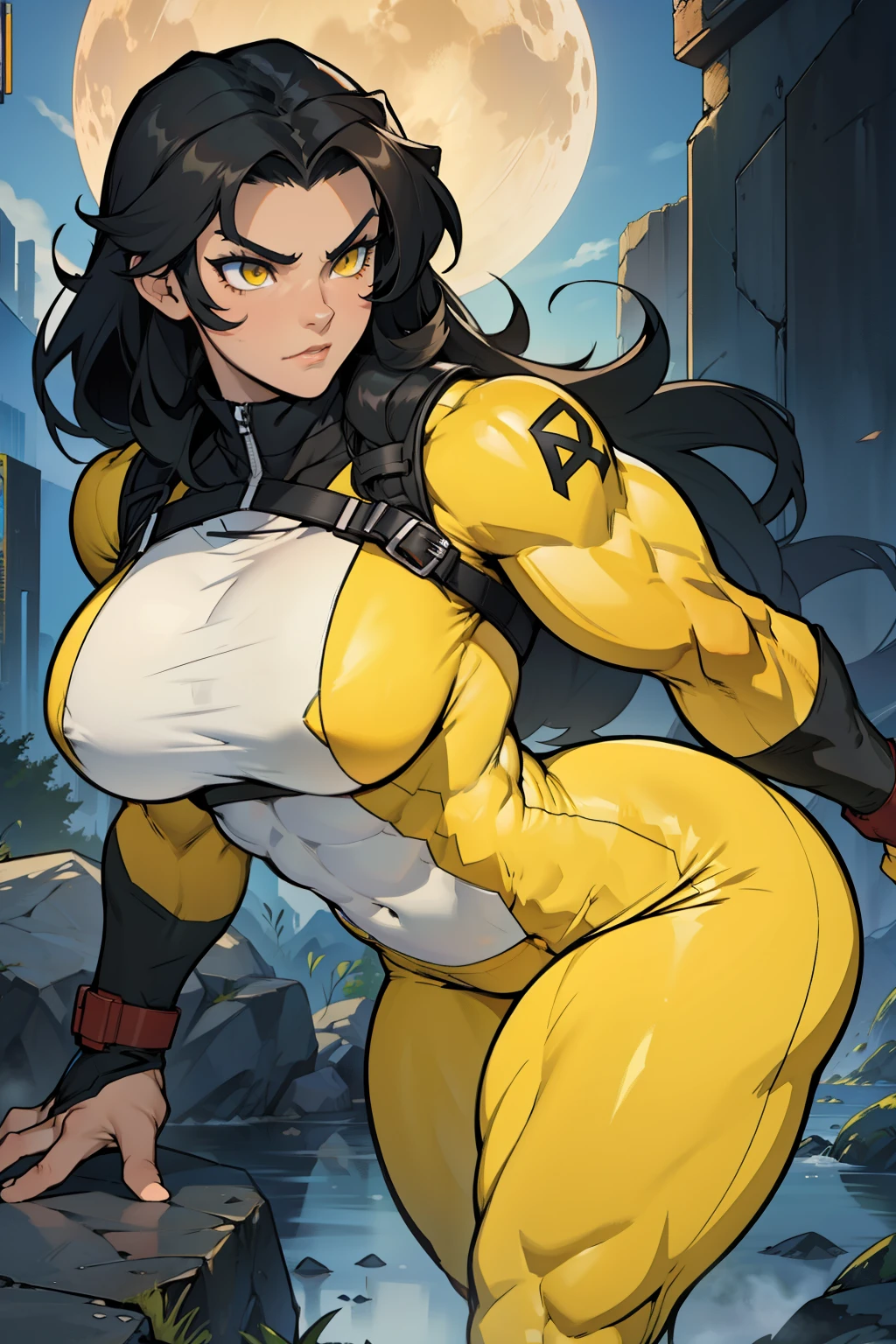 muscular muscular muscular large breasts large breasts large breasts thick thick thick black hair yellow eyes pale skin long hair skintight