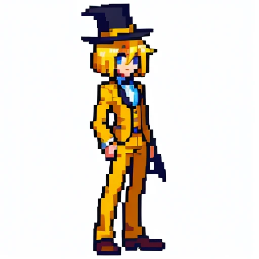 Pixel art, full body, facing left (important), alone, standing upright, small yellow top hat, long sleeve tuxedo, boots. Hair color: Light medium blonde bob with parted bangs.
Eye color: Blue eyes.
Above: He wears an orange long-sleeve tuxedo with an open front and a yellow vest underneath.
Shirt: He wears a white shirt and green tie.
Trousers: white pants.
Shoes: Yellow boots.