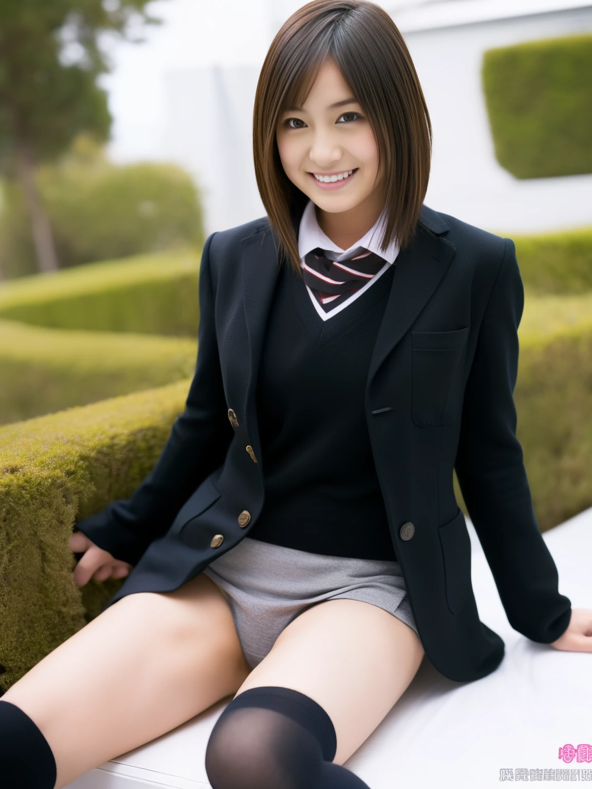 (((masterpiece))),  (Beautiful Japanese Girl, Classmate, Landscape and innocence，cute) ，超A high resolution, Realistic, Ultra-detailed, 8k,highest quality, Very detailed, Detailed Background,Slender,Very beautiful Japanese girl, Detailed face:1.3), (Boyish short hair，Black-haired :1.4), (Baby Face，cute系,Adorable 14 year old girl), (Perfect body:1.1),  (Brown blazer, Lightブラウンのプリーツミニスカート,((Black high socks))), Provocative smile,Show me your beautiful teeth,Rosy Cheeks，非常にDetailed face、Detailed lips、Detailed eyes、 gravure idol，Clear Skin、，A Japanese high school with the school emblem on its chest， wonderful, In detail,(In the classroom), ((Full Body Shot)), Perfect Anatomy, Photorealistic,photograph, Perfect Skin, Warm air，(Beautiful thighs，Perfect feet without discomfort)，Hopes and fears，Sexy pose looking at camera,Please show me your white underwear，Light