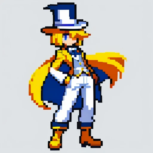 Pixel art, full body, facing left (important), alone, standing upright, small yellow top hat, long sleeve tuxedo, boots. Hair color: Light medium blonde bob with parted bangs.
Eye color: Blue eyes.
Above: He wears an orange long-sleeve tuxedo with an open front and a yellow vest underneath.
Shirt: He wears a white shirt and green tie.
Trousers: white pants.
Shoes: Yellow boots.