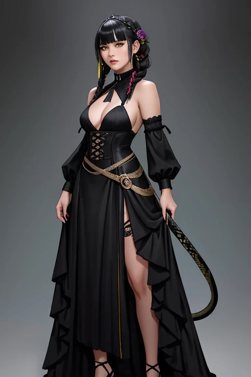 Detailed and colorful sketch, realistic contour style, full body drawing, Eliza from Tekken, yellow eye irises like a snake's, short black gothic style hair with long bangs past her shoulders, soft bangs on her forehead and short back haircut exposing the nape of her neck, soft braid near her ear with a small black rose adorning her hair, wearing an elegant gothic dress