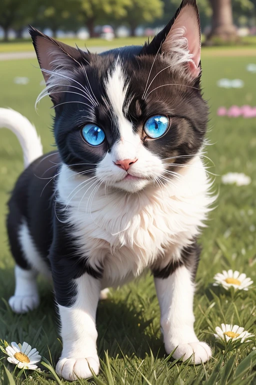 Small cute black and white cat with blue eyes laying in the grass at the park.