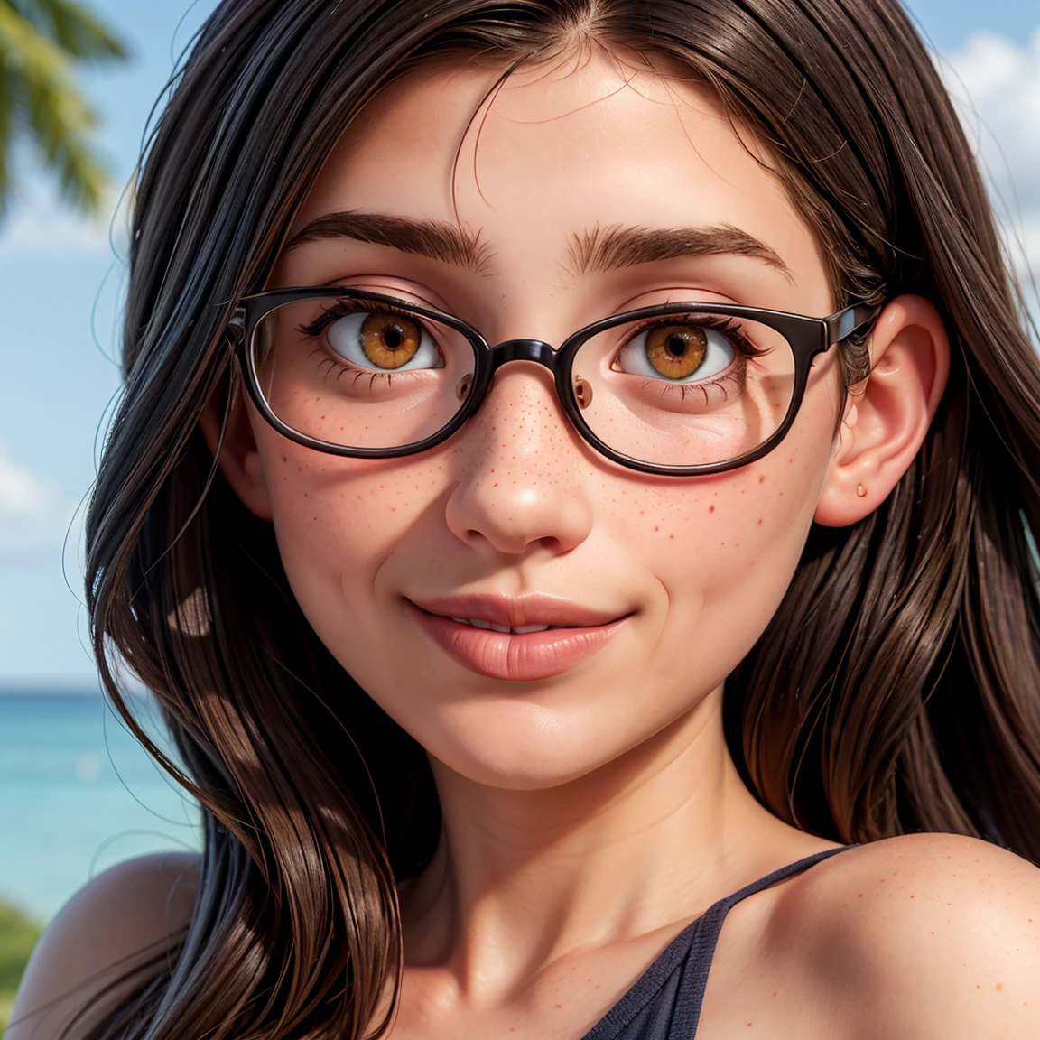 Ultra-realistic full-face, full-body photorealistic image of a 29-year-old goddess with a beautiful face, wearing big glasses and with deep brown eyes that captivate anyone who meets them. Her long black hair falls gracefully, framing her face with elegance. Full lips paint a smile. His face is adorned with one or more spots, adding a touch of mystery and charm. Light freckles give a playful and natural look to your appearance, giving you an aura of freshness. Her beauty is a harmonious blend of unique and captivating features, making her irresistibly attractive.