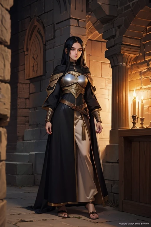 Human fantasy Thief Girl, medieval fantasy setting, human, 25 years old, long black hair, Arab features. fantasy medieval clothes inside a dungeon