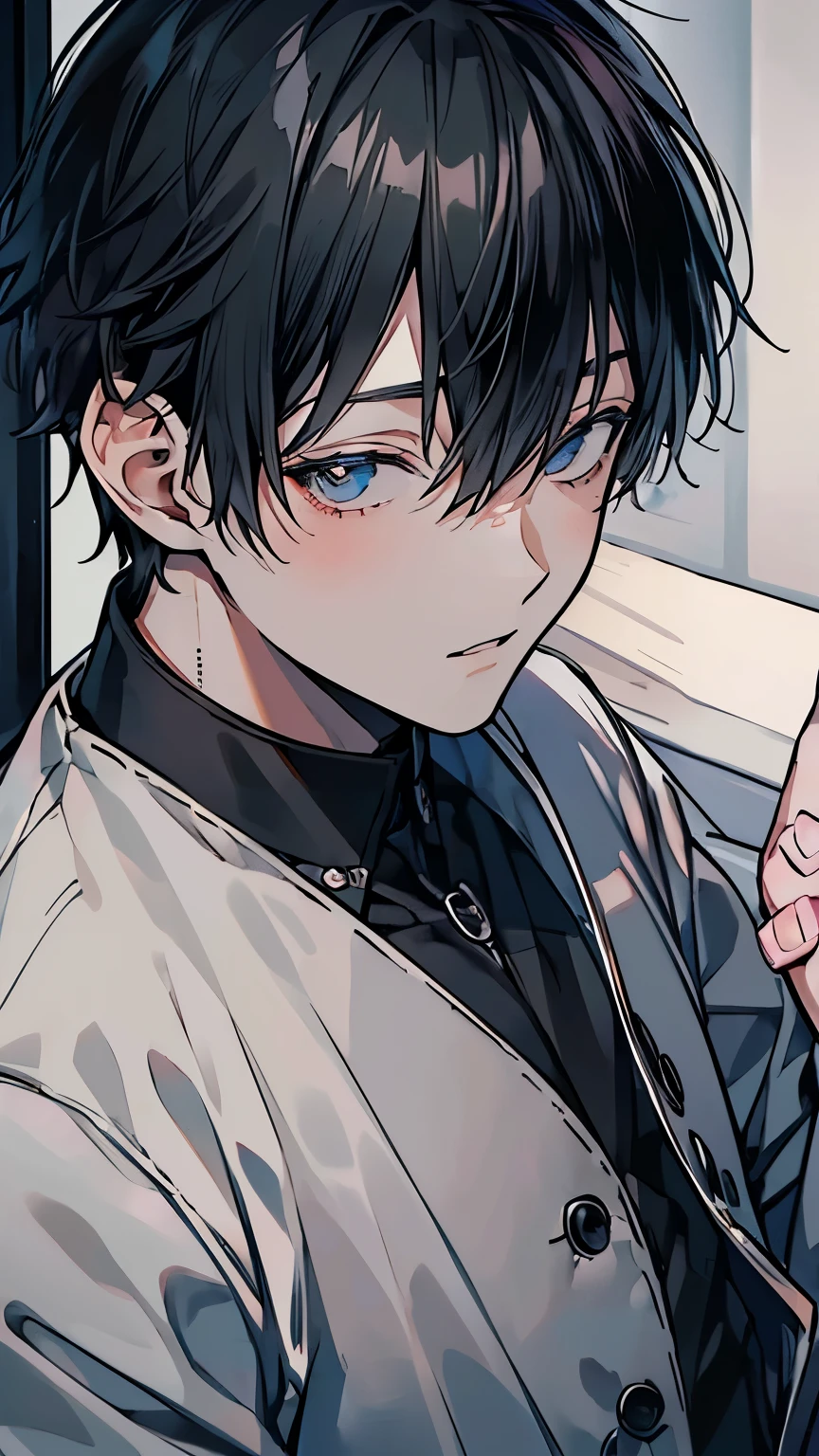 (Mastepiece), (Best Quality), Very detailed, ((Two men intimate:1.5)), Perfect Face, Beautiful Face, Very detailedな顔,(Black-haired man:1.3),(Grey-haired man:1.3)、Embarrassed