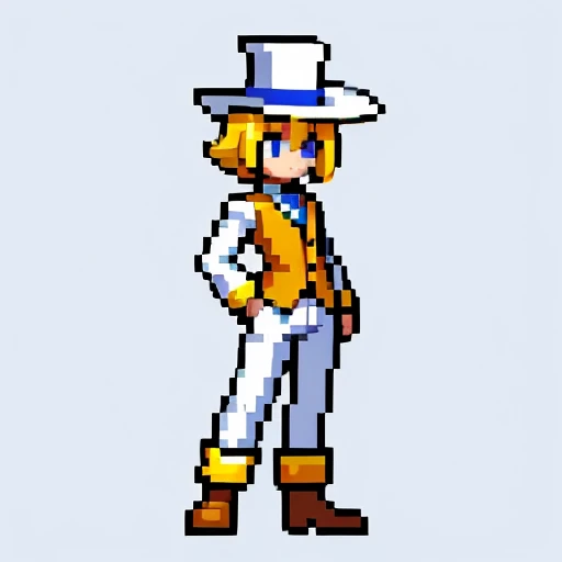 Pixel art, full body, facing left (important), alone, standing upright, small yellow top hat, long sleeve tuxedo, boots. Hair color: Light medium blonde bob with parted bangs.
Eye color: Blue eyes.
Above: He wears an orange long-sleeve tuxedo with an open front and a yellow vest underneath.
Shirt: He wears a white shirt and green tie.
Trousers: white pants.
Shoes: Yellow boots.